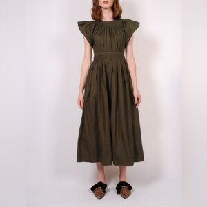 Ulla Johnson Lottie Hand Pleated Cotton Dress in Army - See Measurements